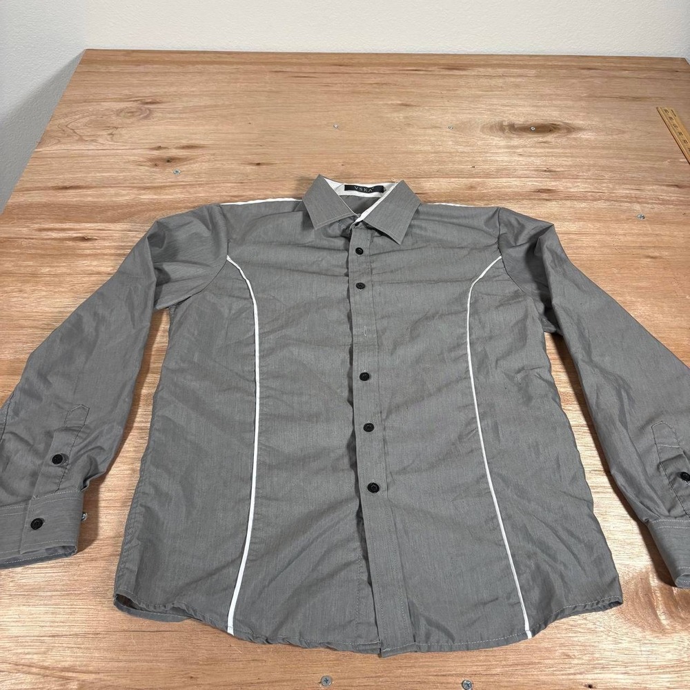 VSKA Mens‎ Gray Long Sleeve Button Down Shirt White Piping Trim Modern Fit